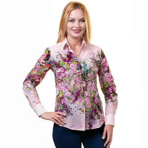 Pink With Multicolor Floral Button Up Shirts for Women - Floral Long Sleeve Cotton Shirts for Formal