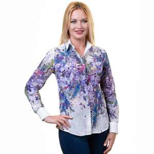 Light Grey With Blue & Multicolor White Floral Button Up Shirts for Women - Floral Long Sleeve