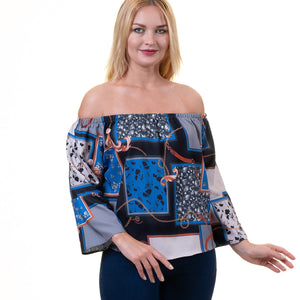 Blue Multi-Color Long Sleeve Off the Shoulder Blouse for Women - Going Out Polka Dots Tops for