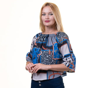 Blue Multi-Color Long Sleeve Off the Shoulder Blouse for Women - Going Out Polka Dots Tops for