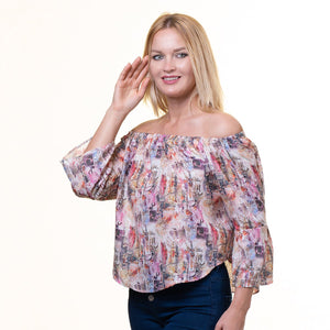 Colorful Long Sleeve Off the Shoulder Blouse for Women - Going Out Art Design Tops for Ladies