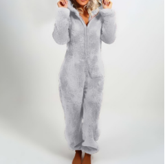 Grey-Women Long Sleeve Zipper pajamass Jumpsuit